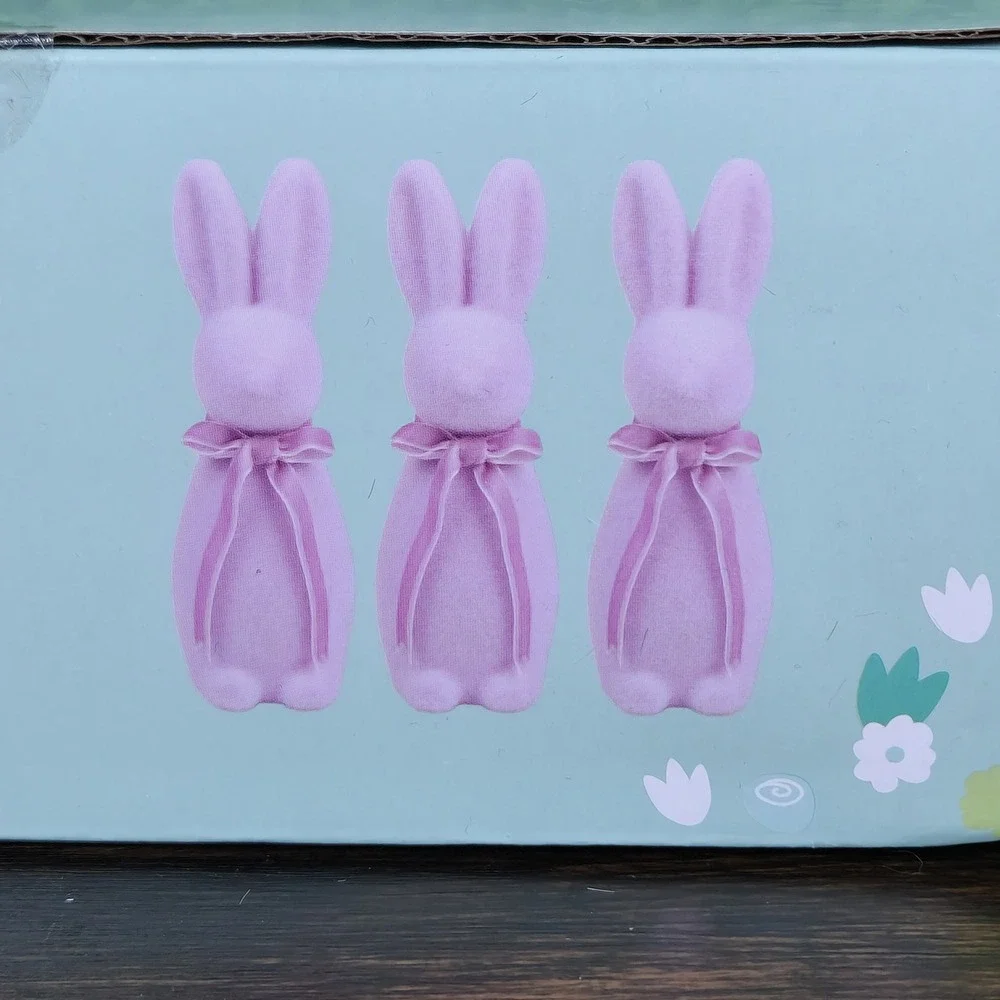 Kirkton House 3PK Small Flocked Bunnies Purple Easter Decor Velvet Ribbon New